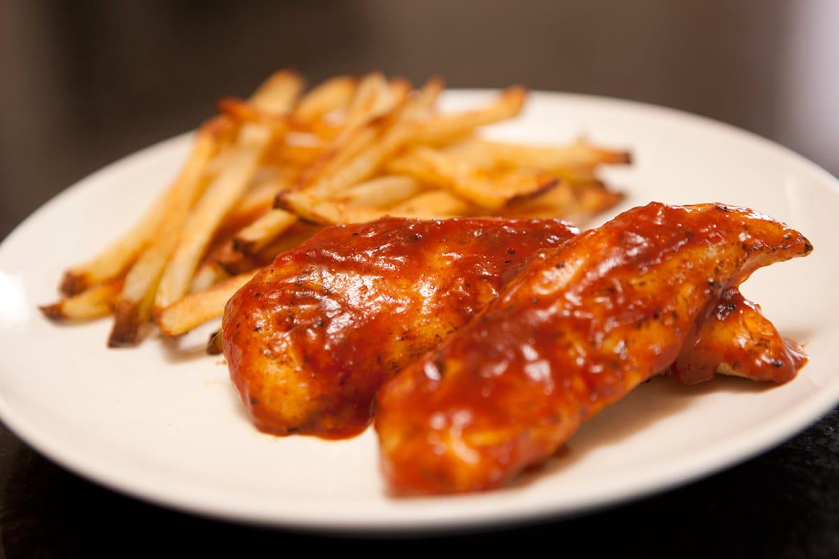 Barbeque Glazed Chicken Tenders and Oven Fries