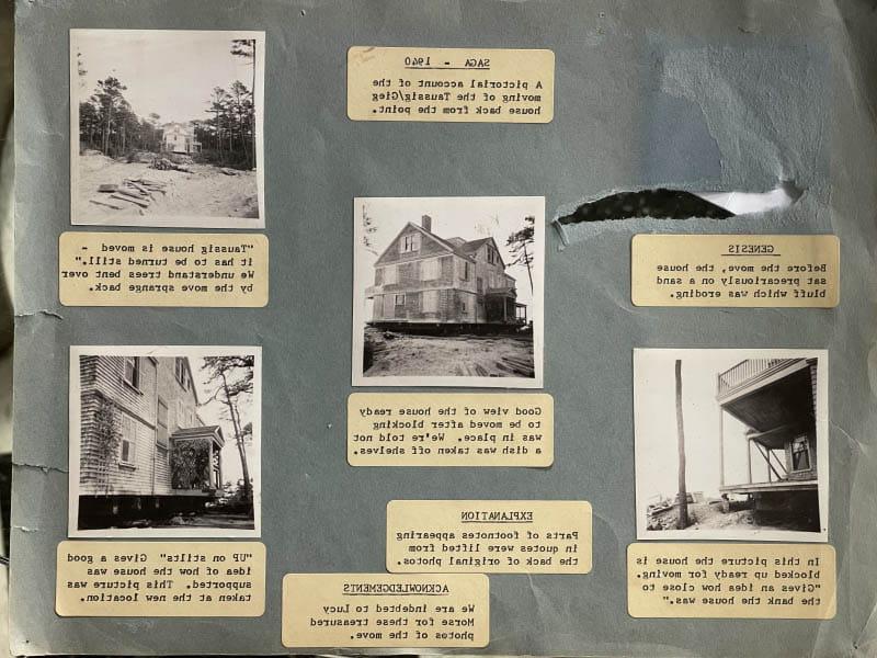 一本书中的一页展示了布朗博士的家是如何被改造的. 海伦·陶西格(Helen Taussig)从马萨诸塞州科德角(Cape Cod)的一个被侵蚀的沙崖上搬了回来. (图片由玛丽·亨德森提供)